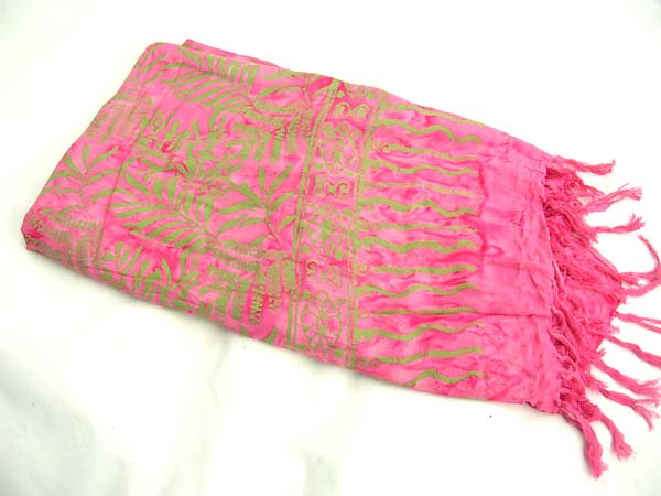 Tropical plant motif fashion sarong in pink and green, artisan wear catalog express