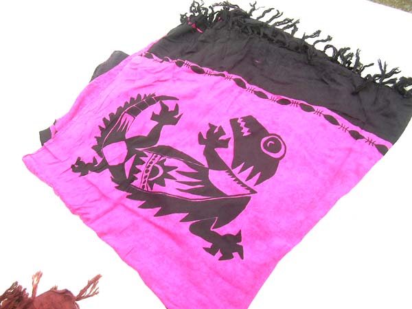 Exotic fashion warehouse retail, Black gecko image on hot pink indonesian shawl skirt