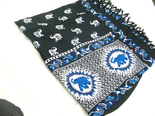Balinese beach wear factory, Stylish fashion sarong in black with white and blue elephant pattern