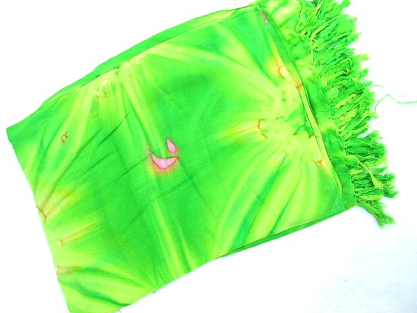 Tie dyed green balinese wrap dress with unique floral shapes, import wholesale company
