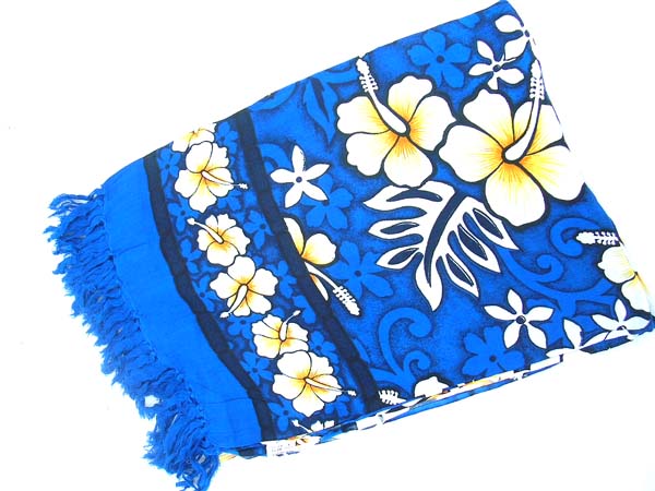 Aloha fashion sarong in royal blue with white hibiscus flowers, warehouse supply store