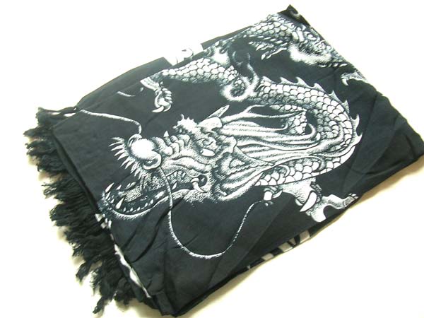 White asian dragon insignia on black handcrafted bali scarf, Canada wholesale company