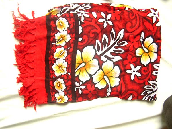 Hawaiian hibiscus on red beach toga, online Canadian supplier
