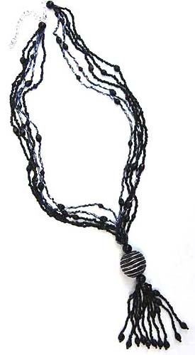 Wholesale jewelry manufacturer, multi black beaded string necklace with pendant holding multi beaded dangle
