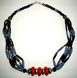 Tibetan jewelry wholesaler, multi black beaded string necklace with red beads central decor