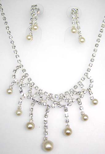 Wholesale bridal jewelry, cz necklace with beaded dangle and stud earring set
