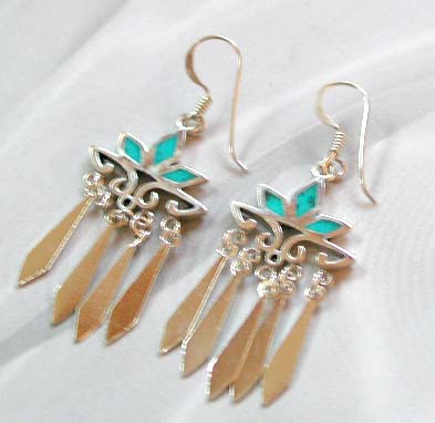 Western style jewelry supply, wholesale a sterling silver leaf shape earring with turquoise and 4 dangle at the bottom     
