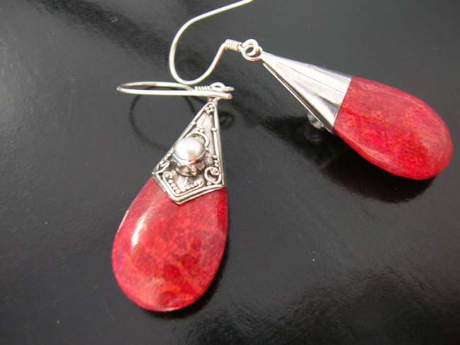 Imitation pearl jewelry, costume jewelry, exotic coral gems, sterling silver earrings, ladies elegant fashion accessory