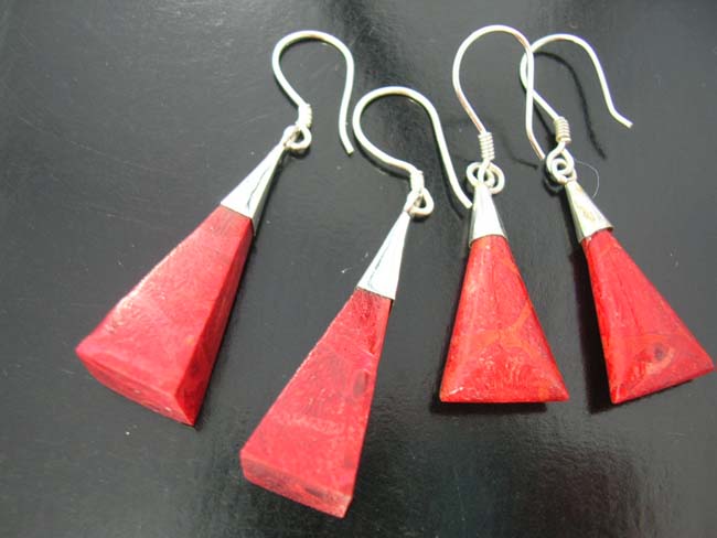 Geometric fashion jewelry, coral gemstone, fantasy earrings, artisan crafted accessory, ladies premier gifts