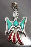 Turquoise stone and red stone embedded bird pattern sterling silver pendant 