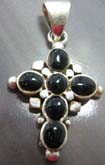 Multi black semi-precious onyx gemstone in central square cross sterling silver pendant